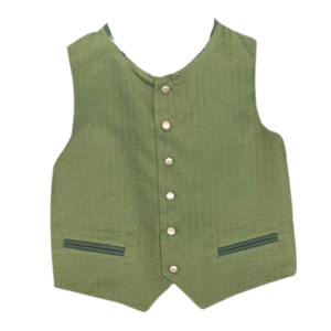 Eine ärmellose, hellgrüne Weste mit dezentem Fischgrätenmuster, sieben hellen Knöpfen auf der Vorderseite und zwei horizontalen Schlitztaschen.