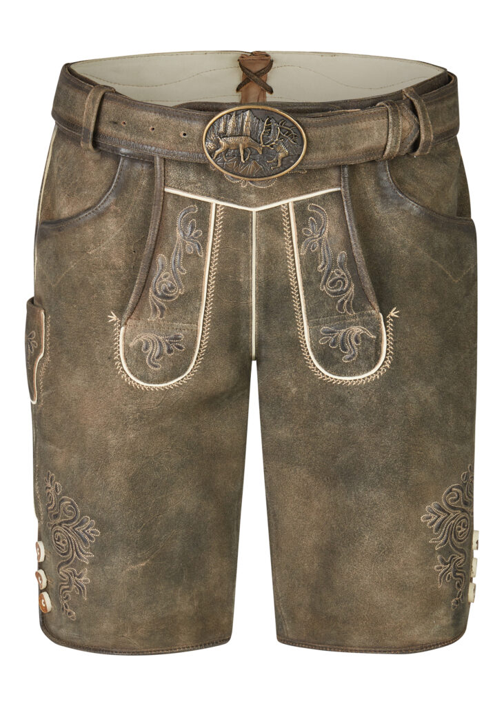Trachten Lederhose kurz Kaisheim in Vintage Braun mit heller Stickerei
