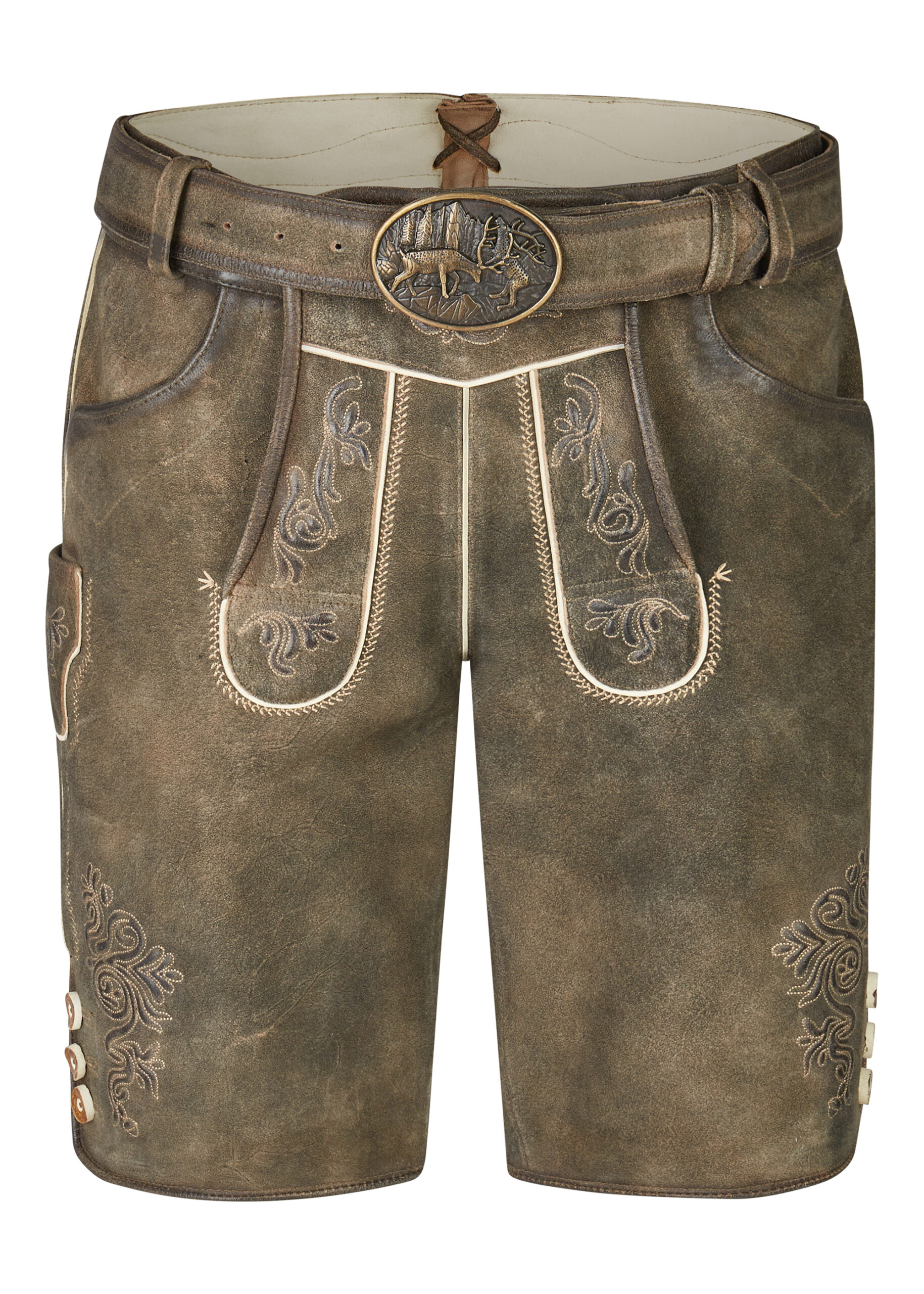 Trachten Lederhose kurz Kaisheim in Vintage Braun mit heller Stickerei