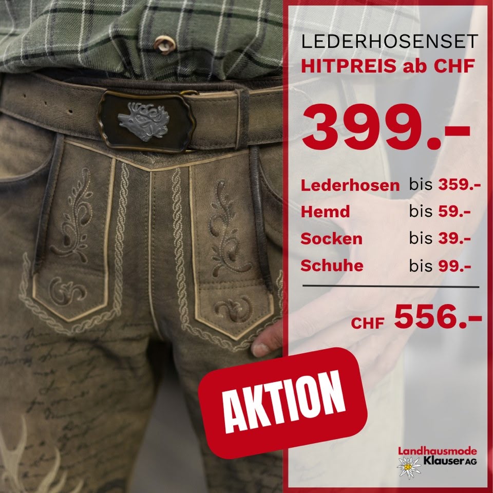 Aktion Lederhosenset ab CHF 399.- mit Lederhose, Hemd, Socken und Schuhen, Landhausmode Klauser AG