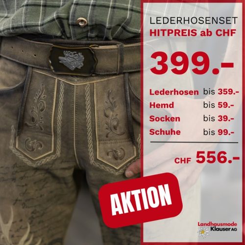 Aktion Lederhosenset ab CHF 399.- mit Lederhose, Hemd, Socken und Schuhen, Landhausmode Klauser AG